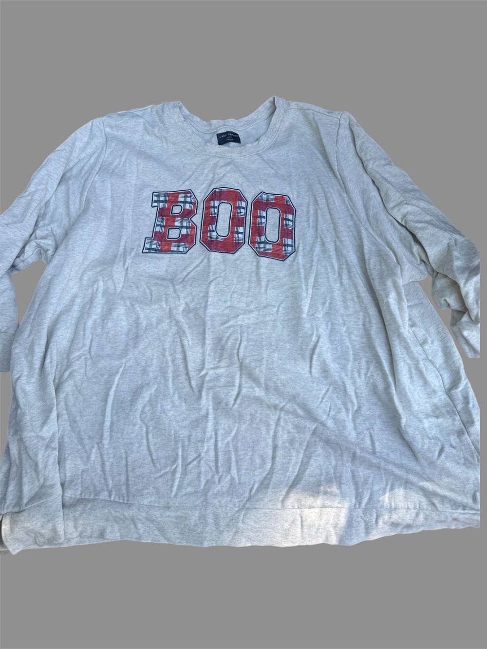 Lane Bryant Light Gray Long Sleeve Top with Red Plaid BOO Graphic